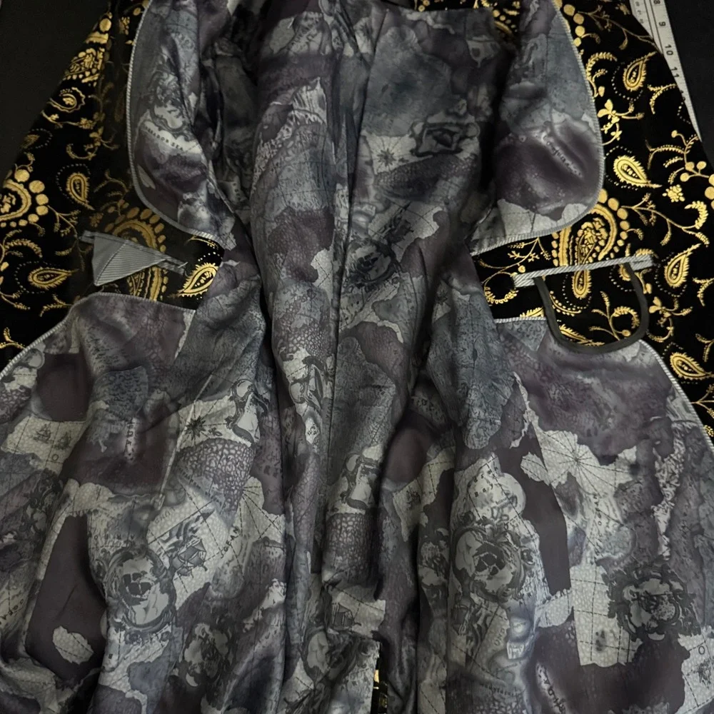 Asian Blazer Mens 38R Black Gold Paisley Metallic Velvet Formal‎ Tuxedo Jacket